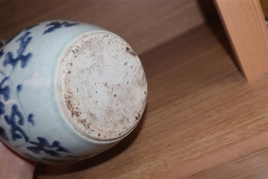 A 17th century Chinese blue and white ovoid jar, unglazed base height 17.5cm, lacking cover